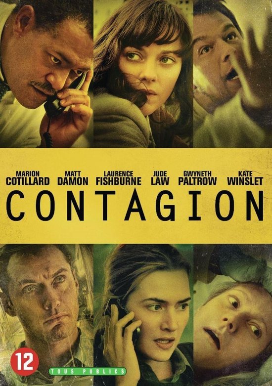 DVD-hoes van 'Contagion' met acteurs Marion Cotillard, Matt Damon, Laurence Fishburne, Jude Law, Gwyneth Paltrow en Kate Winslet. Geel met zwarte letters.