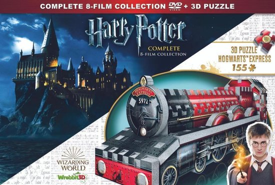 Harry Potter Complete 8-Film Collection DVD + 3D Puzzel Hogwarts Express. Een 3D-puzzel van de Hogwarts Express met 155 stukjes, naast de DVD-collectie.