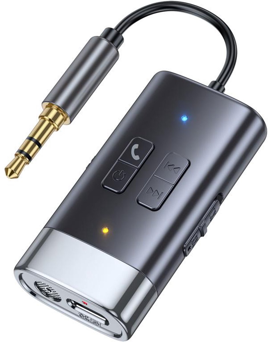 2-in-1 Bluetooth 5.4 Audio Adapter - 3.5mm AUX Zender en Ontvanger - TF Kaart - RX en TX - 9 uur - USB-C - grijs