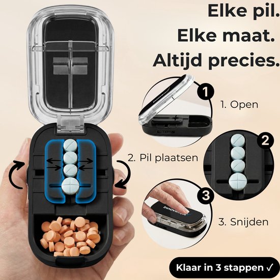 Pillensnijder met Pillendoos 2-in-1 – Kleine & Grote Pillen – Snijdt in ½ & ¼ – Compact & Gebruiksvriendelijk – BPA-vrij – Zwart