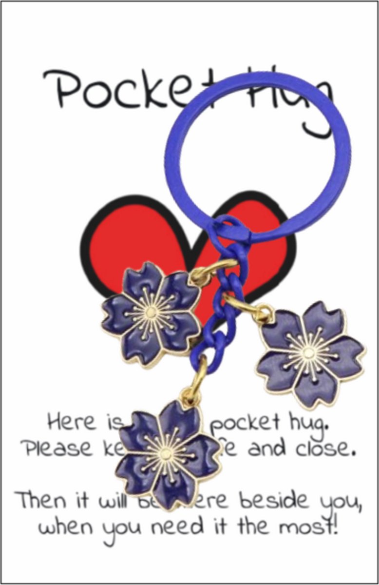 Pradeo - Bloemetjes - Sleutelhanger - Gelukshanger - Hangertje - Bloemen - Flowers - Key Chain - Pocket Hug - Klein Cadeau / Geschenk - Met Kaartje Met Tekst - Donker Blauw