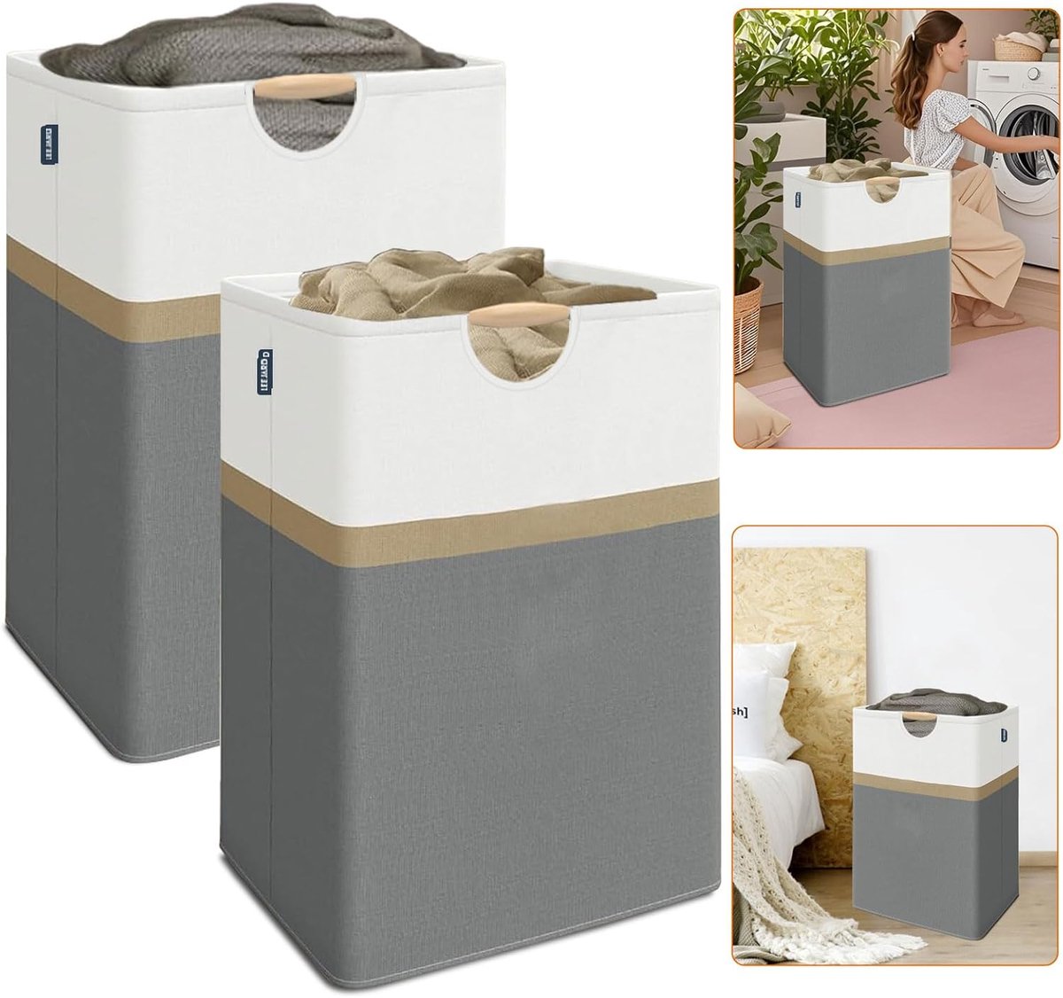 Wasmand met handvat - Opvouwbare mand - Efficiënte opslag - Set van 2 - 80 Liter - Donkergrijs