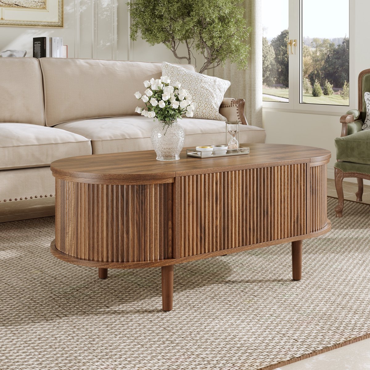 Wishdor - Salontafel - Verstelbaar Tafelblad En Opbergruimte - Vintage - Woonkamer - MDF En Massief Hout - Walnoot - 100 x 48 x 53,5 cm