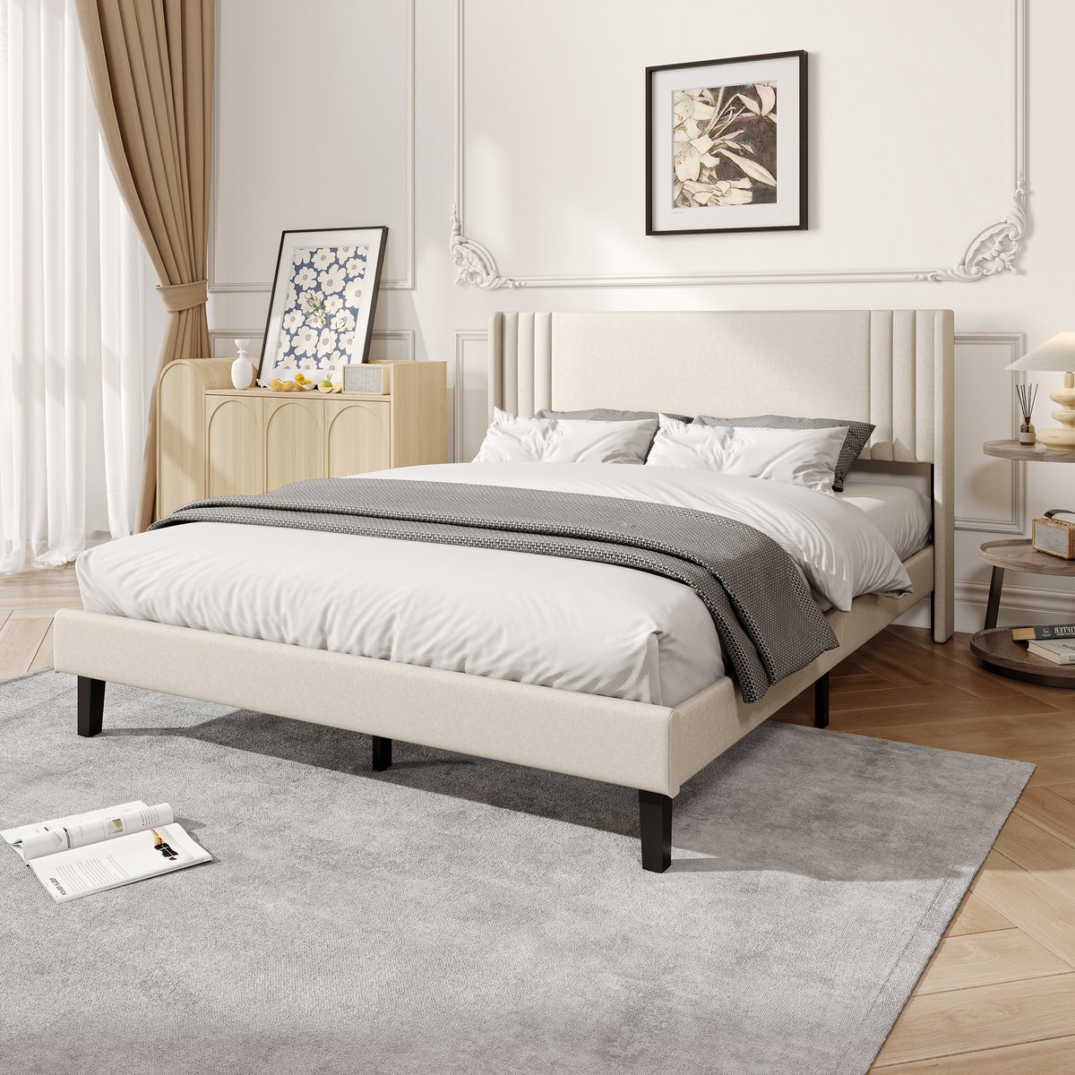 Tweepersoonsbed 140x200 cm met Gestreept Hoofdeinde, Zacht Linnenstof, Robuust Frame