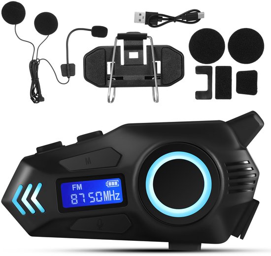 Motor Helm Headset – Bluetooth 6.0 Communicatiesysteem met Microfoon – 40 uur Gesprekstijd – IP65 Waterdicht – Voice Assistant – Zwart