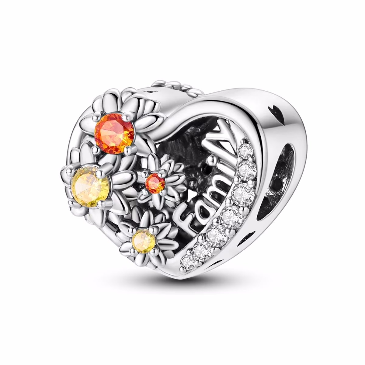 Fler® | Bedel | Past op populaire bedelarmbanden (standaard - 3mm) | Hart met Bloemen Bedel | Hangbedel Charm | 925 sterling zilver | Gele, Oranje & Transparante Zirkonia | Valentijnsdag Cadeau | Sinterklaas kado | Kerstcadeau | Verjaardagsgeschenk