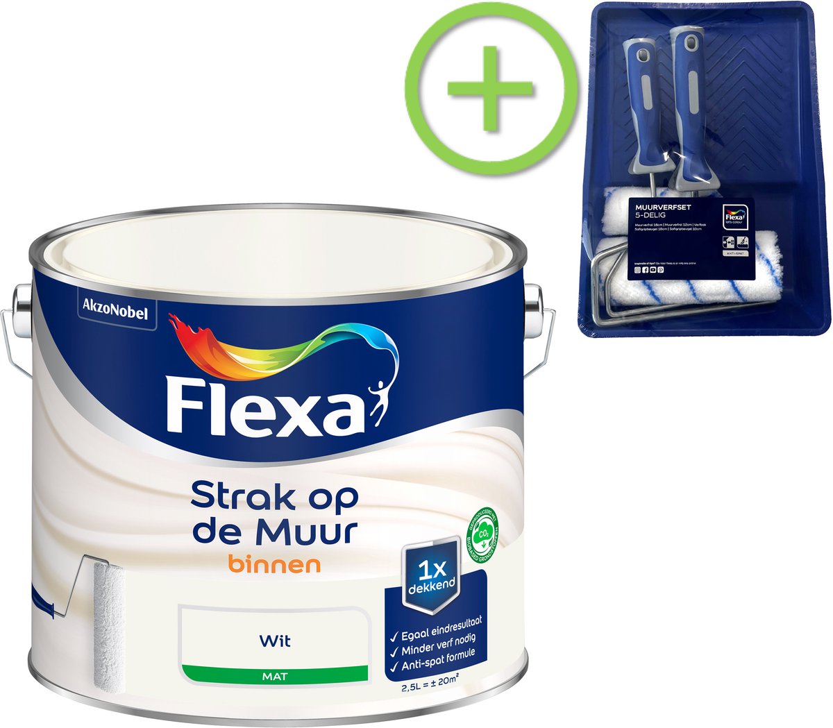 Voordeelpakket Flexa Strak Op De Muur Muurverf - Mat - 2,5 Liter - Wit + Muurverf Roller - 5 Delig