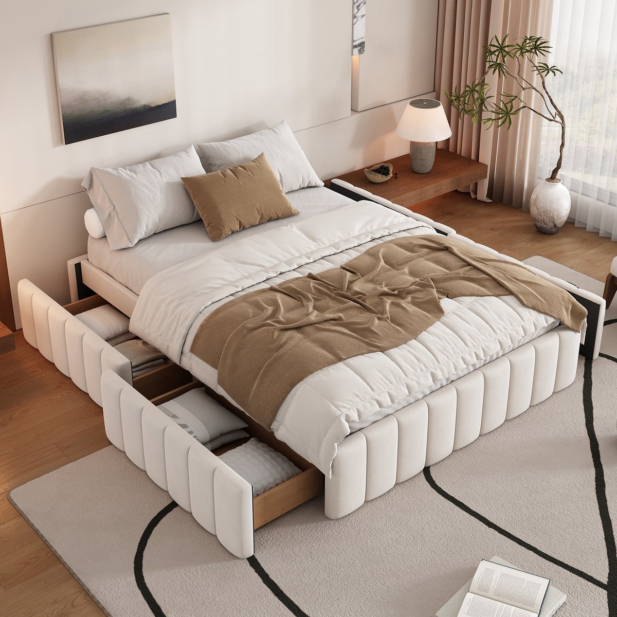 MODENUIT Gestoffeerd bed 140x200 cm – Zonder hoofdbord – Met 4 laden en lattenbodem – Zonder matras – Fluweel – Beige