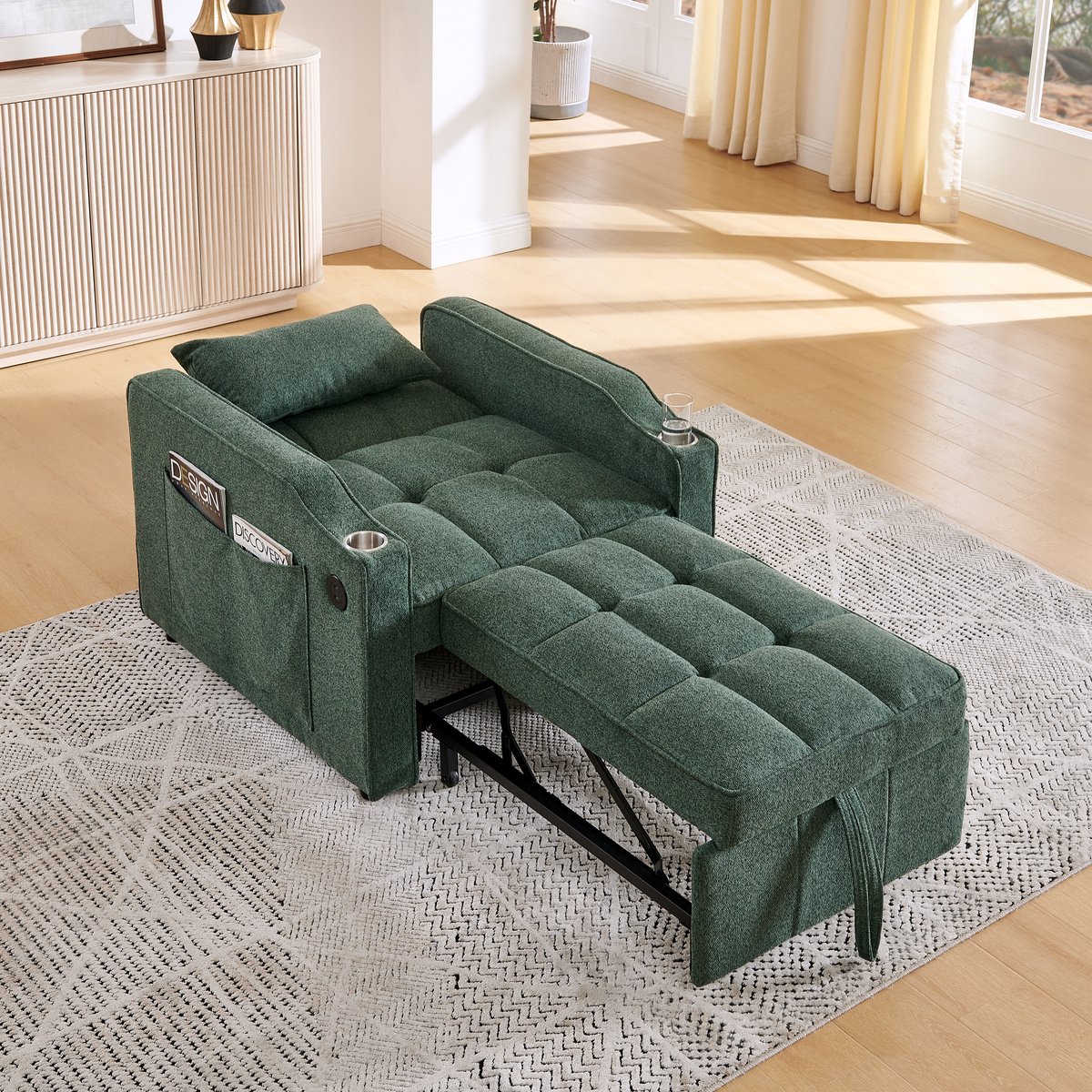 MODFU Slaapbank - 3-In-1 Functie Met USB-Oplaadpoorten - Minimalistisch - Voor Woonkamer Of Logeerkamer - Hout En Stof - Groen Groente