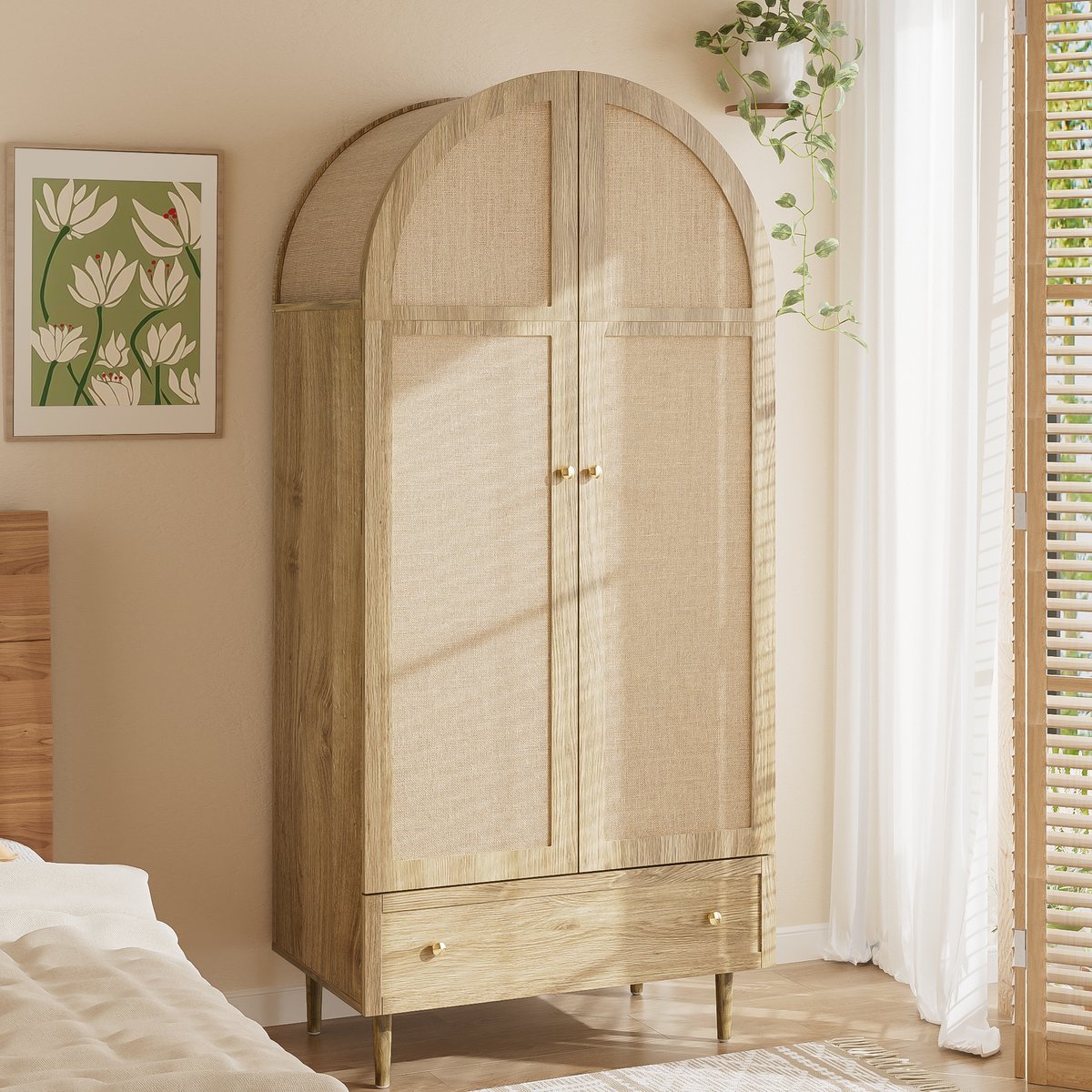 Wishdor Kledingkast - Met Laden En Stoffen Deuren - Modern - Voor Slaapkamer - MDF - Eiken - 79 X 50 X 175 Cm