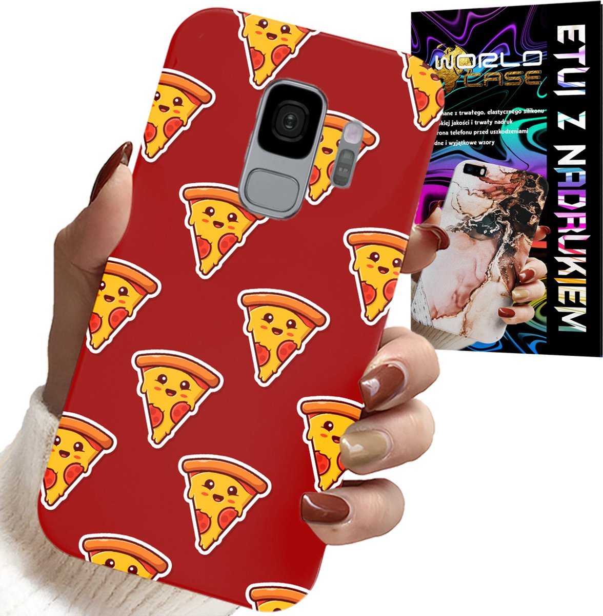 HOESJE VOOR SAMSUNG GALAXY S9 - HAPPY PIZZA PATROON OP EEN RODE ACHTERGROND