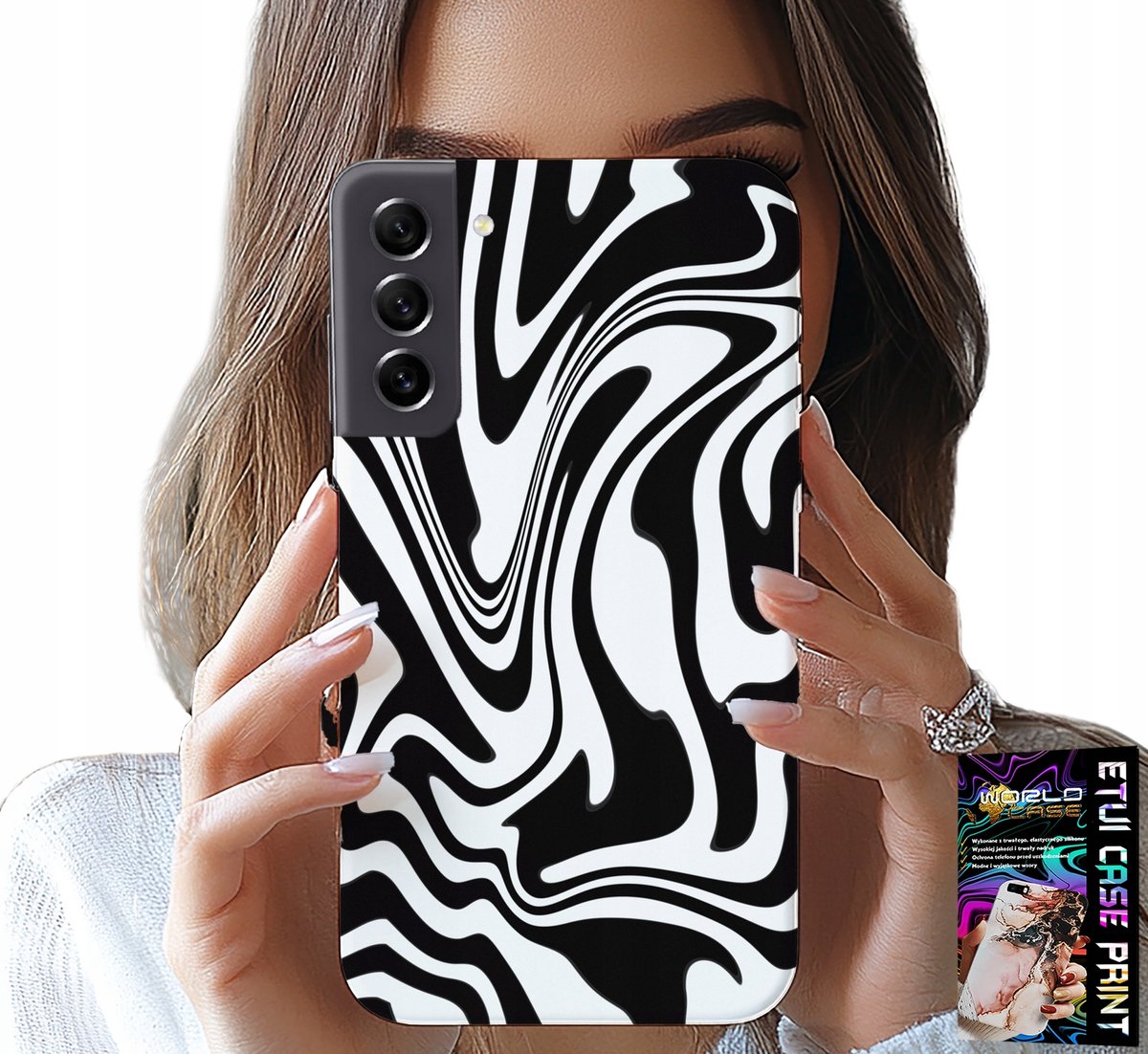 HOESJE VOOR SAMSUNG GALAXY S21 FE - ZWART-WIT ABSTRACTIE + HART GLAS