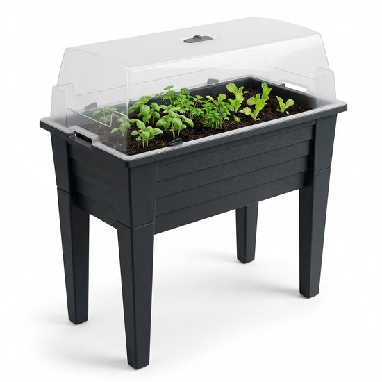 Table de Culture Lomera Sur Pieds Avec Couvercle - Bac de Culture Surélevé Plastique Anthracite - Bac Potager Avec Pieds Amovibles - Serre de Culture Table Potager Table de Culture Table à Herbes Bac à Plantes