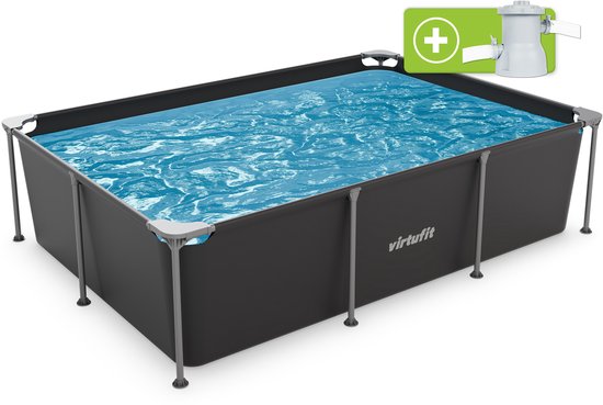 VirtuFit rechthoekig zwembad 260x180x66 cm met antracietkleurige wanden en grijs frame, gevuld met blauw water, met filterpomp-icoon.