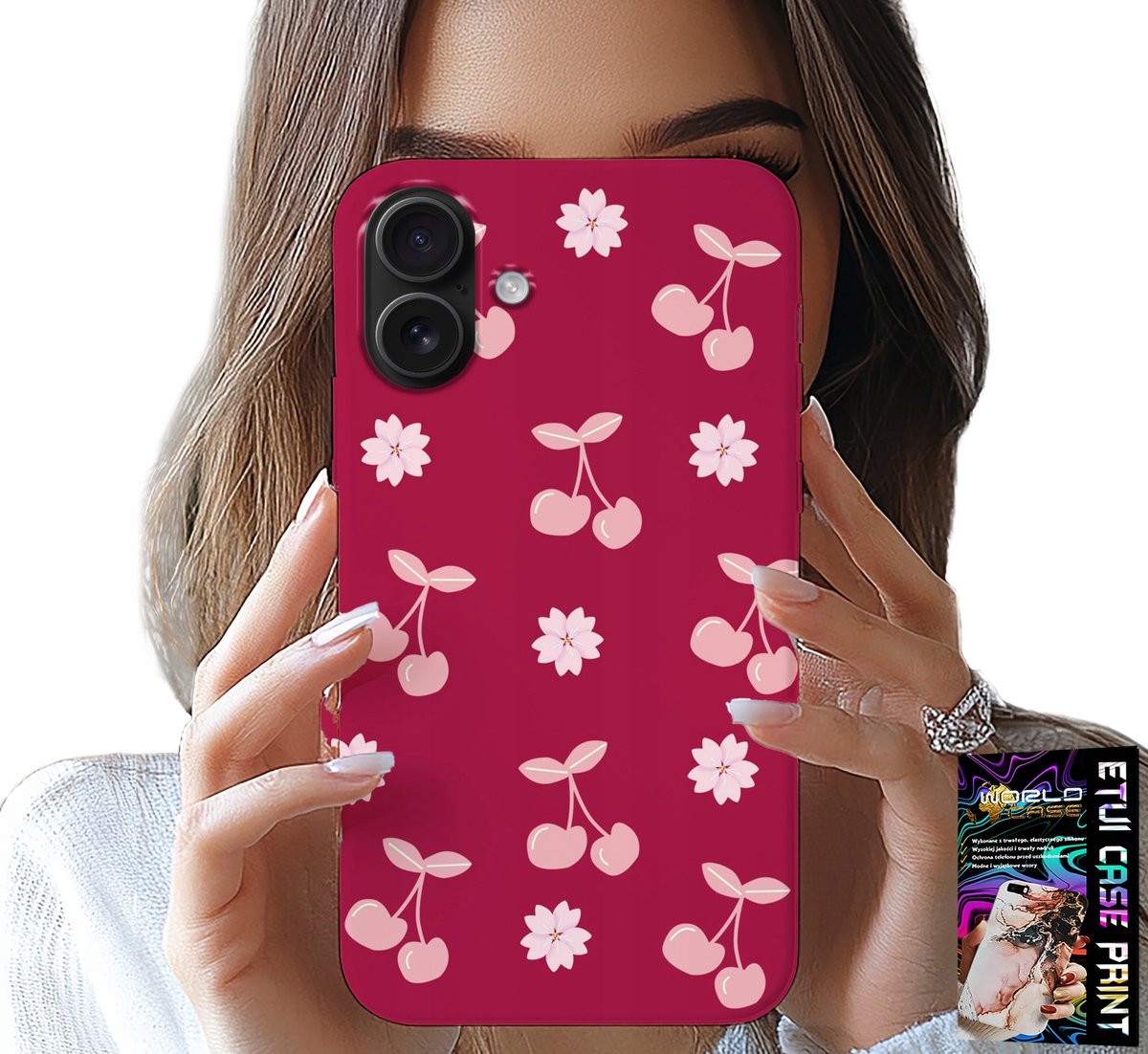 HOESJE VOOR IPHONE 16 PLUS - KERSEN, KERSEN OP EEN BORDEAUXROOD ACHTERGROND + FILM