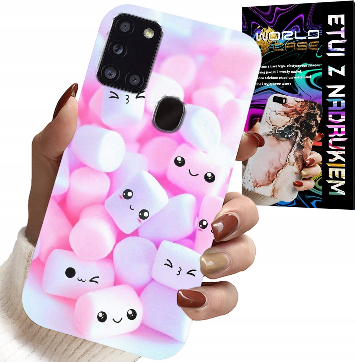 HOESJE VOOR SAMSUNG GALAXY A21s - PATROON 'Sweet Marshmallow', VOORKANT, ACHTERKANT