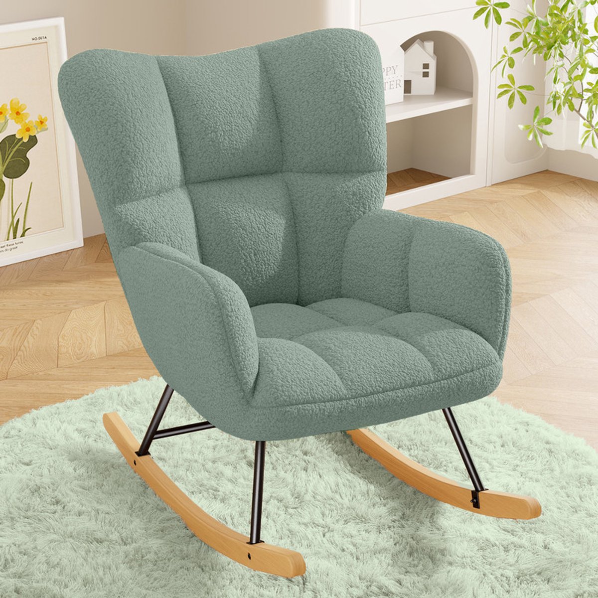 Schommelstoel – Teddy Bouclé Fauteuil Schommelstoel, Comfortabele Loungestoel met Houten Onderstel en Metalen Frame, Zachte Pluche Stoel voor Woonkamer, Slaapkamer, Kinderkamer,lichtgroen