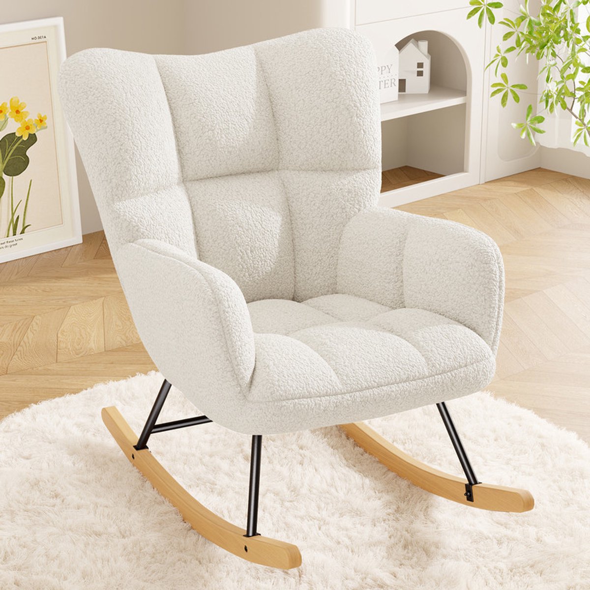 Schommelstoel – Teddy Bouclé Fauteuil Schommelstoel, Comfortabele Loungestoel met Houten Onderstel en Metalen Frame, Zachte Pluche Stoel voor Woonkamer, Slaapkamer, Kinderkamer,wit