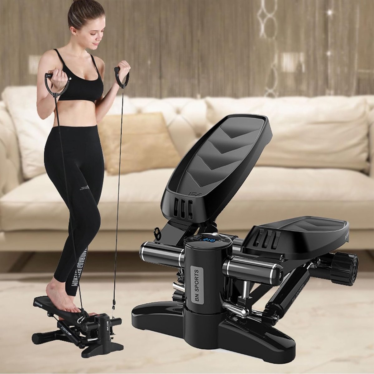 Trapstepper met banden - Verticale klimmer - Thuis sporten - Stille werking onder 20dB - 150 kg capaciteit - Zwart