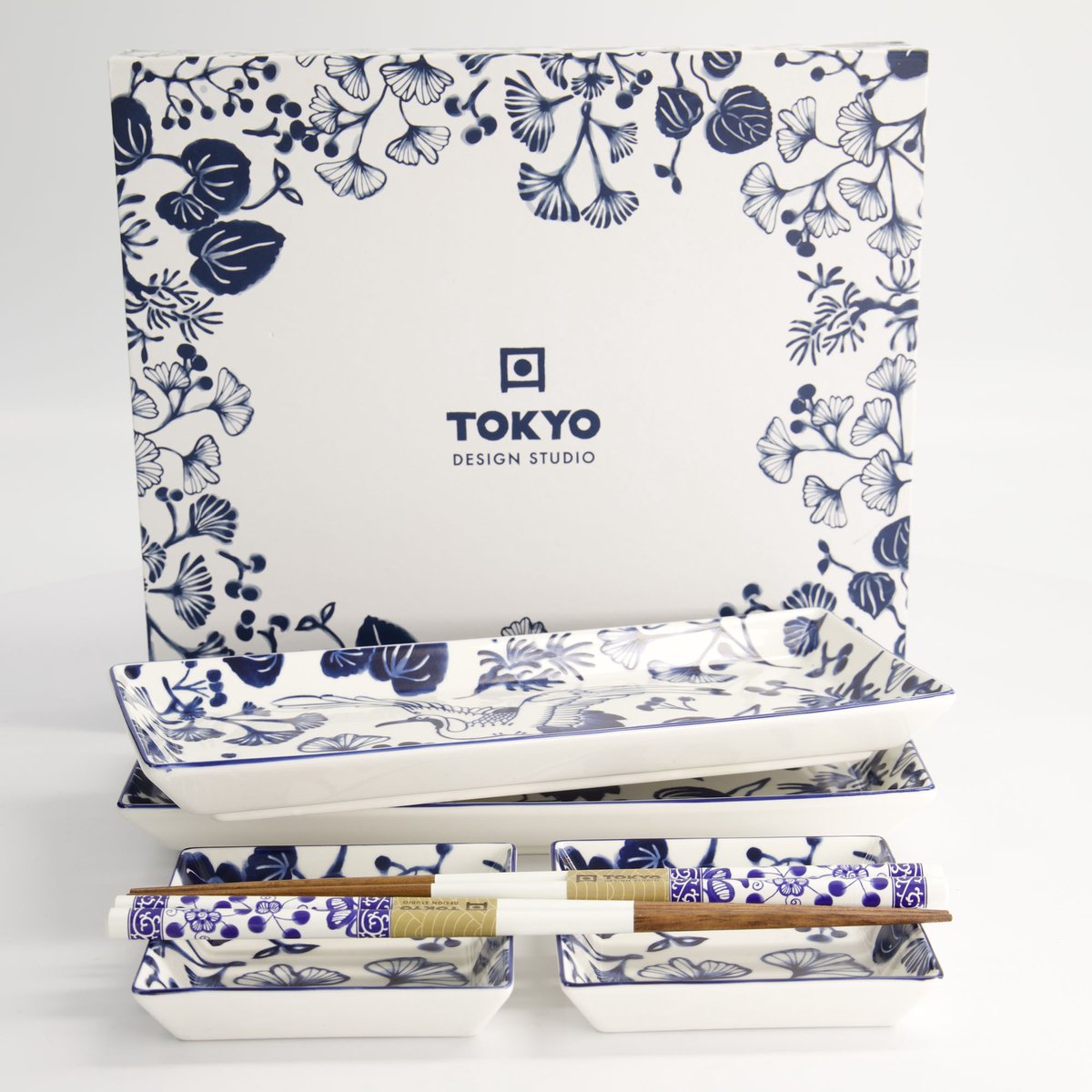 Tokyo Design Studio Flora Japonica Sushi Plate Set w/Giftbox and Chop 4pcs