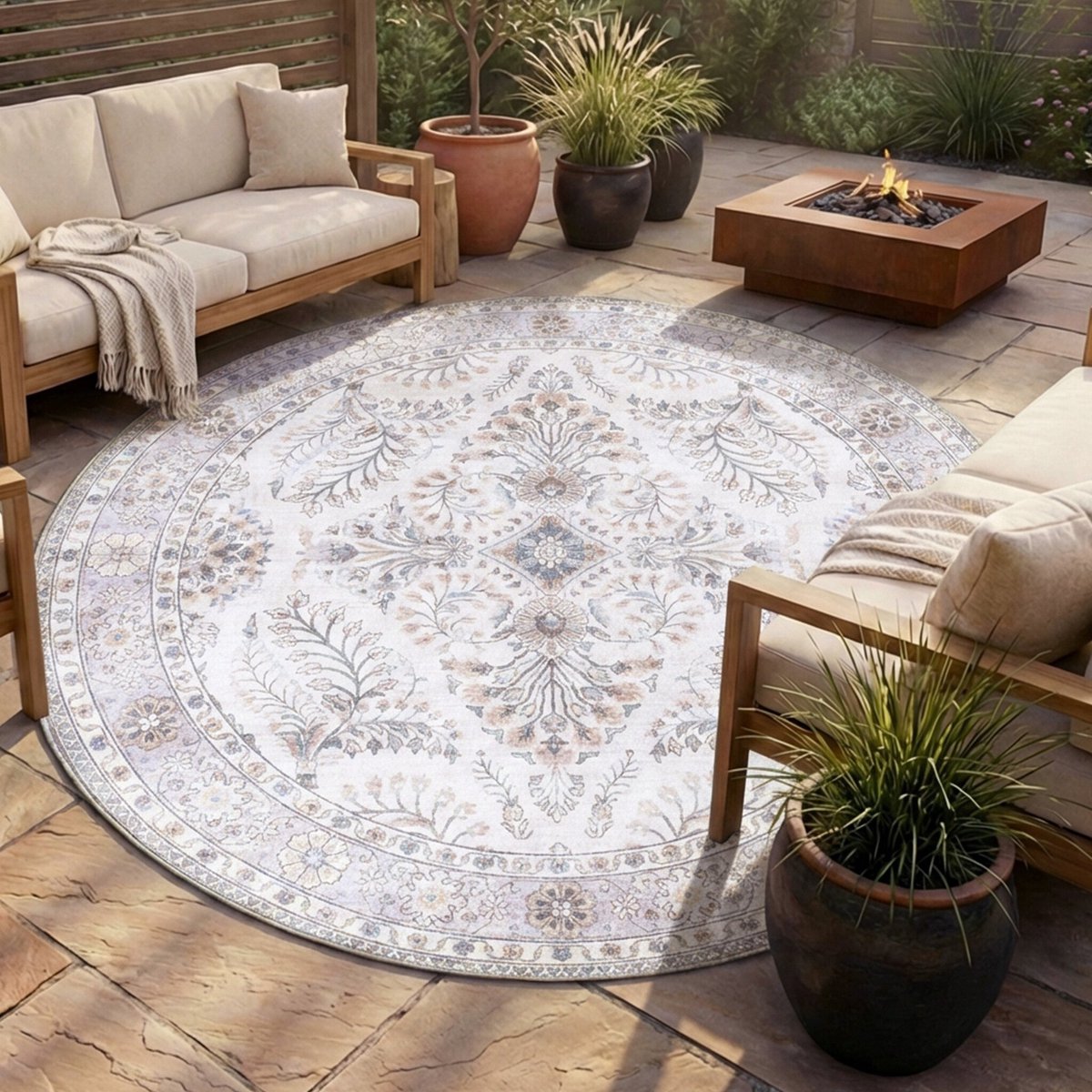 Fraai Rond vintage buitenkleed - Santo Flora Wit - Ø 230cm