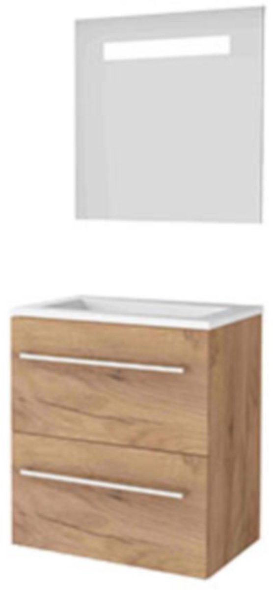 Basic-Line Economic 39 Badkamermeubelset - Ondiep - 60 x 39 cm - Met Grepen - 2 Lades - Acryl Wastafel - Zonder Kraangat - Spiegel met LED Verlichting - Whisky Oak