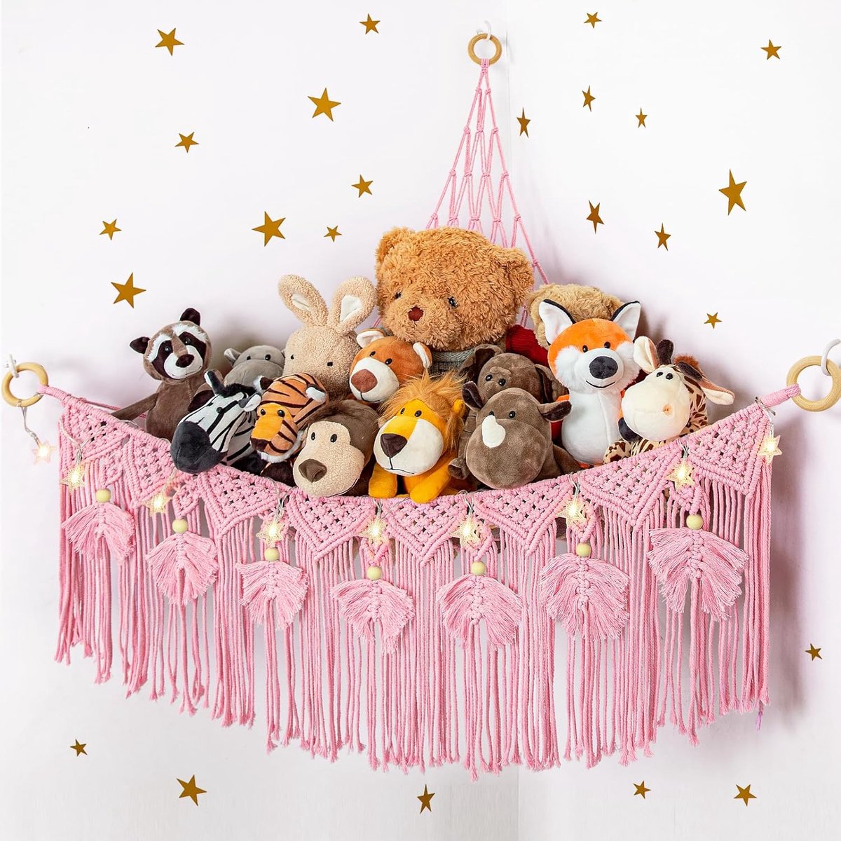 Speelgoed Hangmat - Opberger Net - Kinderkamer Decoratie - Handgeweven Katoen - 18x297x149mm - Roze