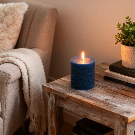 Brandende donkerblauwe stompkaars met een ruwe textuur, op een houten bijzettafeltje naast een fauteuil.