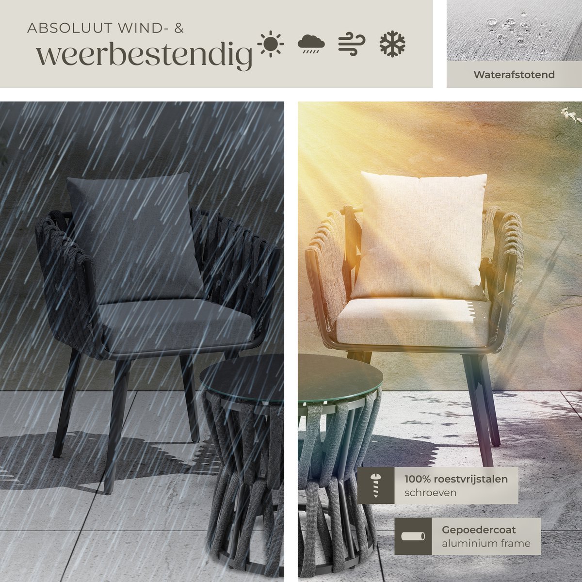 tectake® Tuinset Lugano - Tuinstoel - Loungestoel met Bijzettafel - Buitenstoel in Rope-Design met Aluminium Frame - Buiten Fauteuil met Dikke Kussens - Loungeset voor Tuin of Balkon - Terrasstoel - UV- en Weerbestendig – foto 8