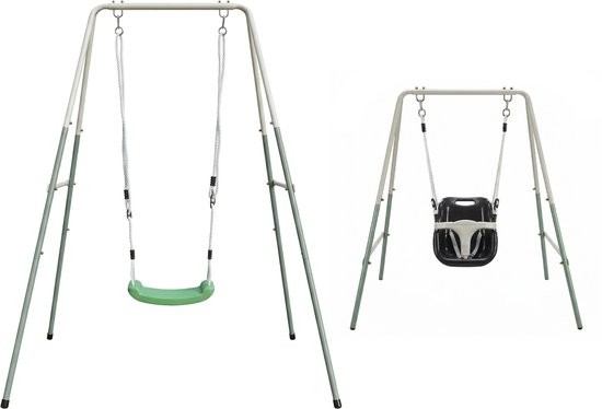 Balançoire Métallique Simple AXI 2-en-1 en Vert/crème – Balançoire évolutive - Ensemble de balançoire autoportant avec siège de balançoire en plastique et siège pour bébé - Ensemble de balançoire pour enfants