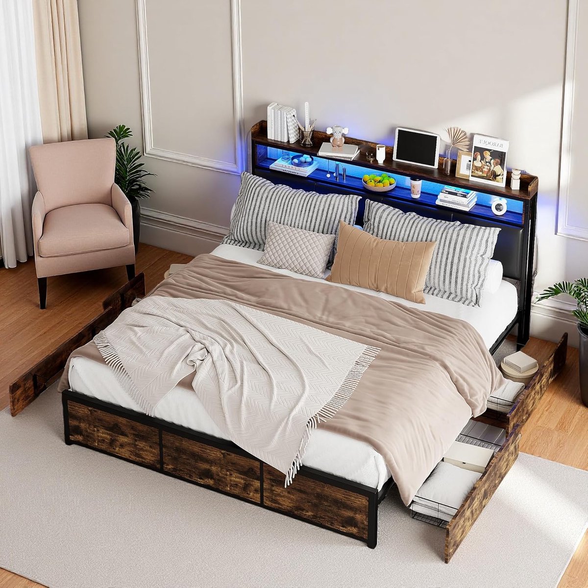 Metalen Bedframe - Opbergbed Laden - Slaapkamer Indelen - Geïntegreerde LED Verlichting - 
