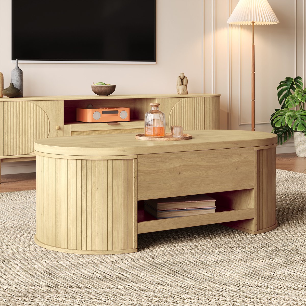 Wishdor Salontafel - Hoogteverstelbaar En Met Uitschuifbare Onderplank - Modern - Voor Woonkamer - MDF - Naturel - 110 x 55,5 x 40 cm Natuurlijk
