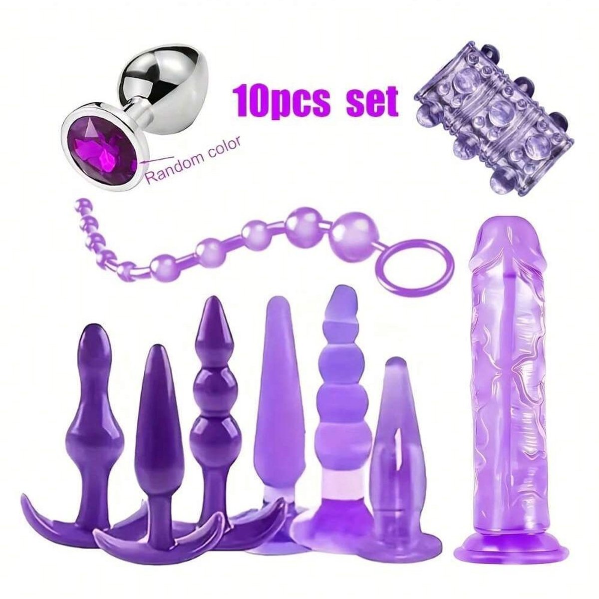 Oneay BDSM Beginnersset 10-delig – Siliconen Buttplug Set & Bondage Kit – Flexibele Pluggen, Huidvriendelijk, Spreider, Dildo, SM Accessoires voor Vrouwen & Koppels – Erotische Set Volwassenen – Paars