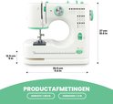 Afmetingen van de witte Rynix naaimachine met groene details.
