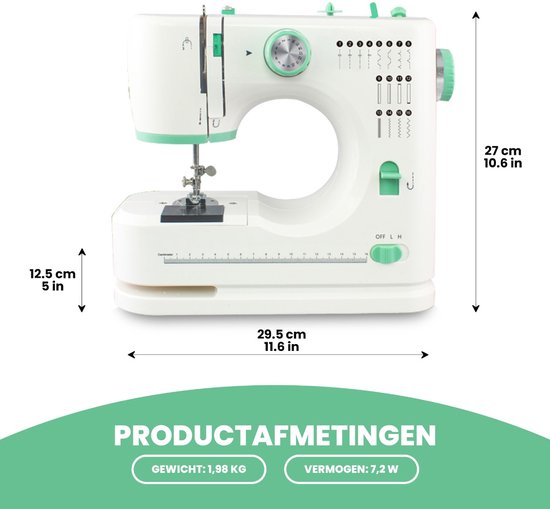 Afmetingen van de witte Rynix naaimachine met groene details.