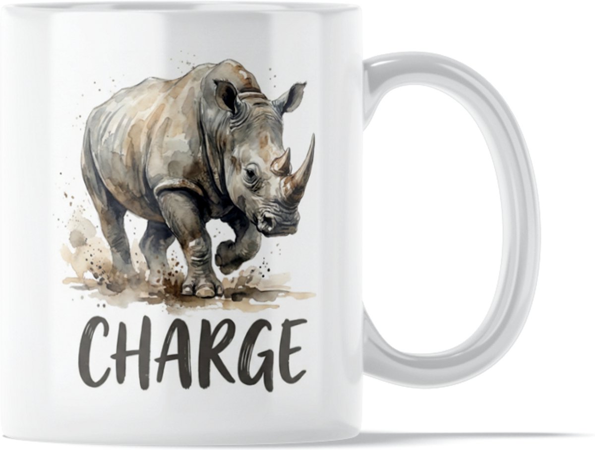 Mok Neushoorn - Tekst Charge - Keramische Beker - Dierenprint