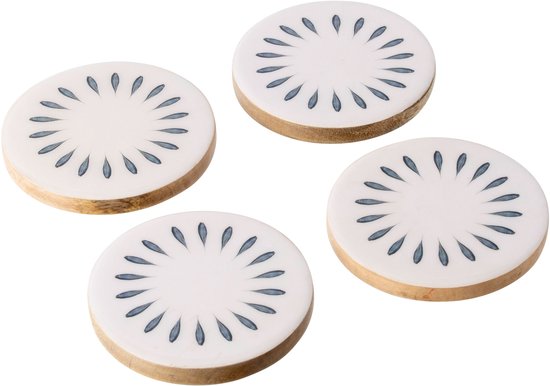 J-Line Dessous de verre Rond - bois - bleu foncé/blanc - set de 4