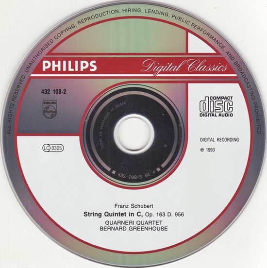 CD met Philips Digital Classics logo, met tekst 'Franz Schubert String Quintet in C, Op. 163 D. 956'.