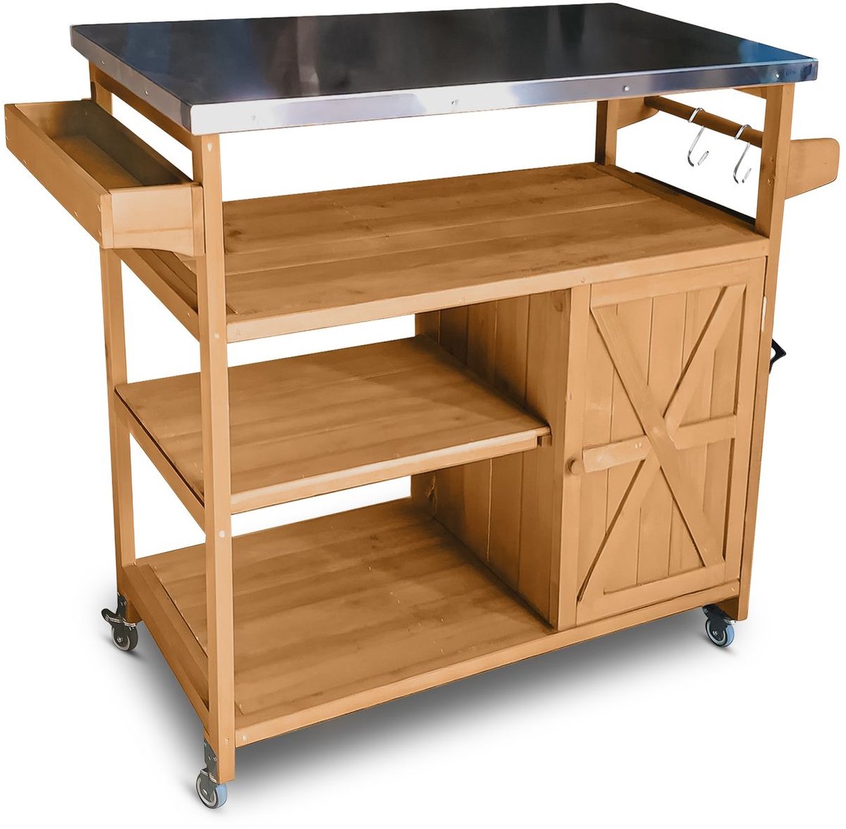 Coemo JAMES houten serveerwagen, keukeneilandwagen met vergrendelbare wielen, roestvrijstalen tafelblad, ook ideaal voor tuin, terras en barbecues 118 x 47 x 92 cm, Bruin