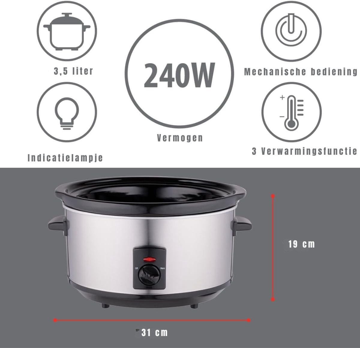 Zyrex® Slowcooker met Timer 33cm - Zilver - afbeelding 3