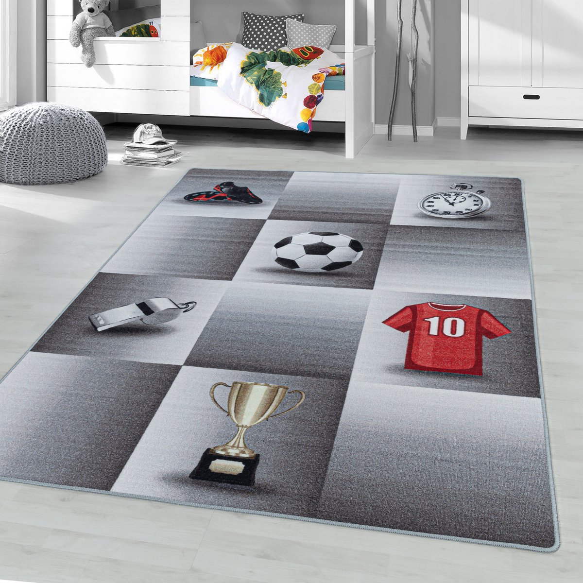 Kinderkleed met voetbaldesign, grijs, kleed voor de kinderkamer, latex achterkant, afmeting: 100 cm x 150 cm