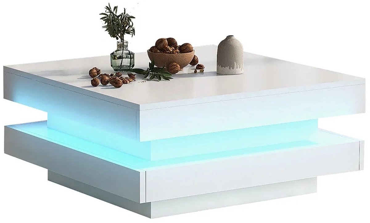 DIMICO - Salontafel vierkant - Salontafels - Salon tafel - Bluetooth LED-strip - Wit - 70x70cm - Hoogglans - Belastbaar tot 45KG