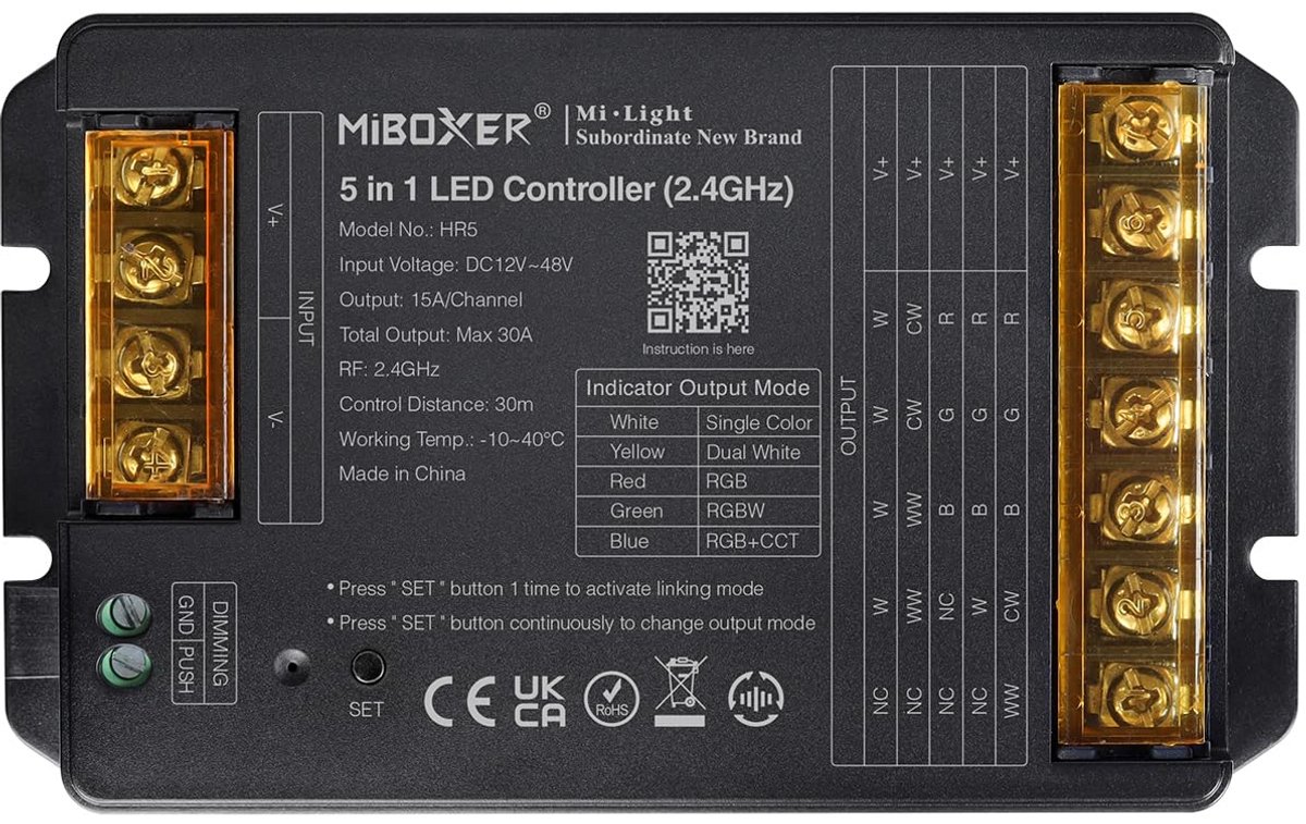 Krachtige 5-in-1 LED Controller 12V-48V Dimbaar met 2,4 GHz Draadloze Bediening