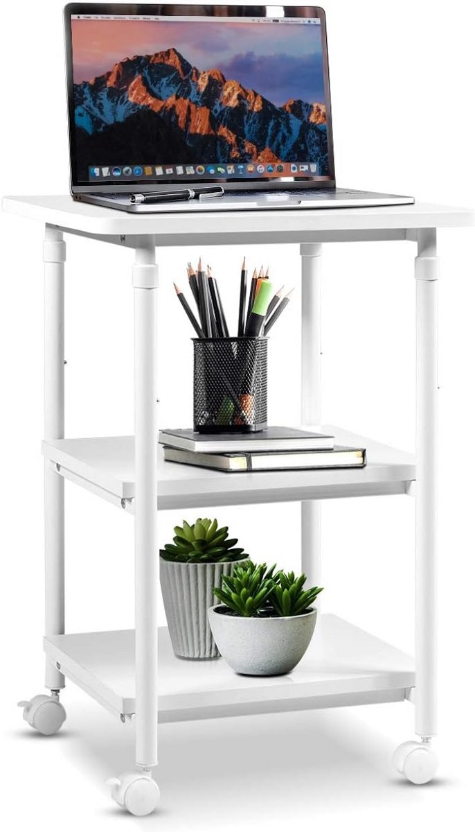 Verrijdbare Printertafel met 3 Planken en In Hoogte Verstelbaar Rek - Multifunctionele Rolcontainer voor Kantoor of Thuiswerkplek, Wit
