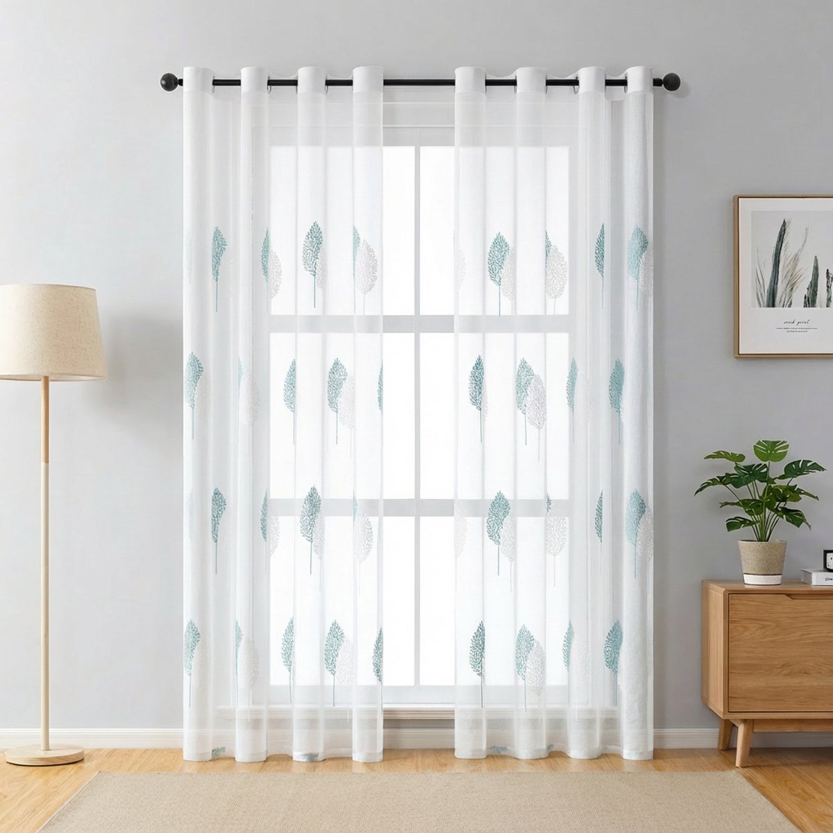 Qelus 2 Stuks Luxe Geborduurde Vitrage - 140x175 cm - Transparant Boommotief - Kant en Klaar Gordijn met Ringen Blauw - Sfeervolle Raamdecoratie voor Woonkamer & Slaapkamer