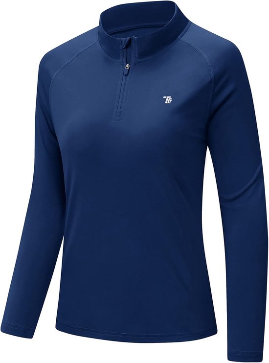 Donkerblauw sportshirt met lange mouwen en 1/4 rits, vooraanzicht.
