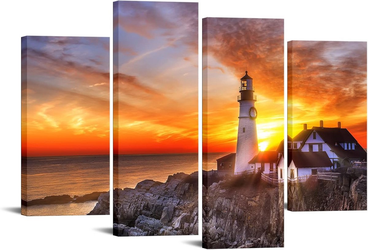 4-Delige Set Canvas Schilderij Kustlijn Zonsondergang Zeegezicht voor Woonkamer Slaapkamer Ingelijst