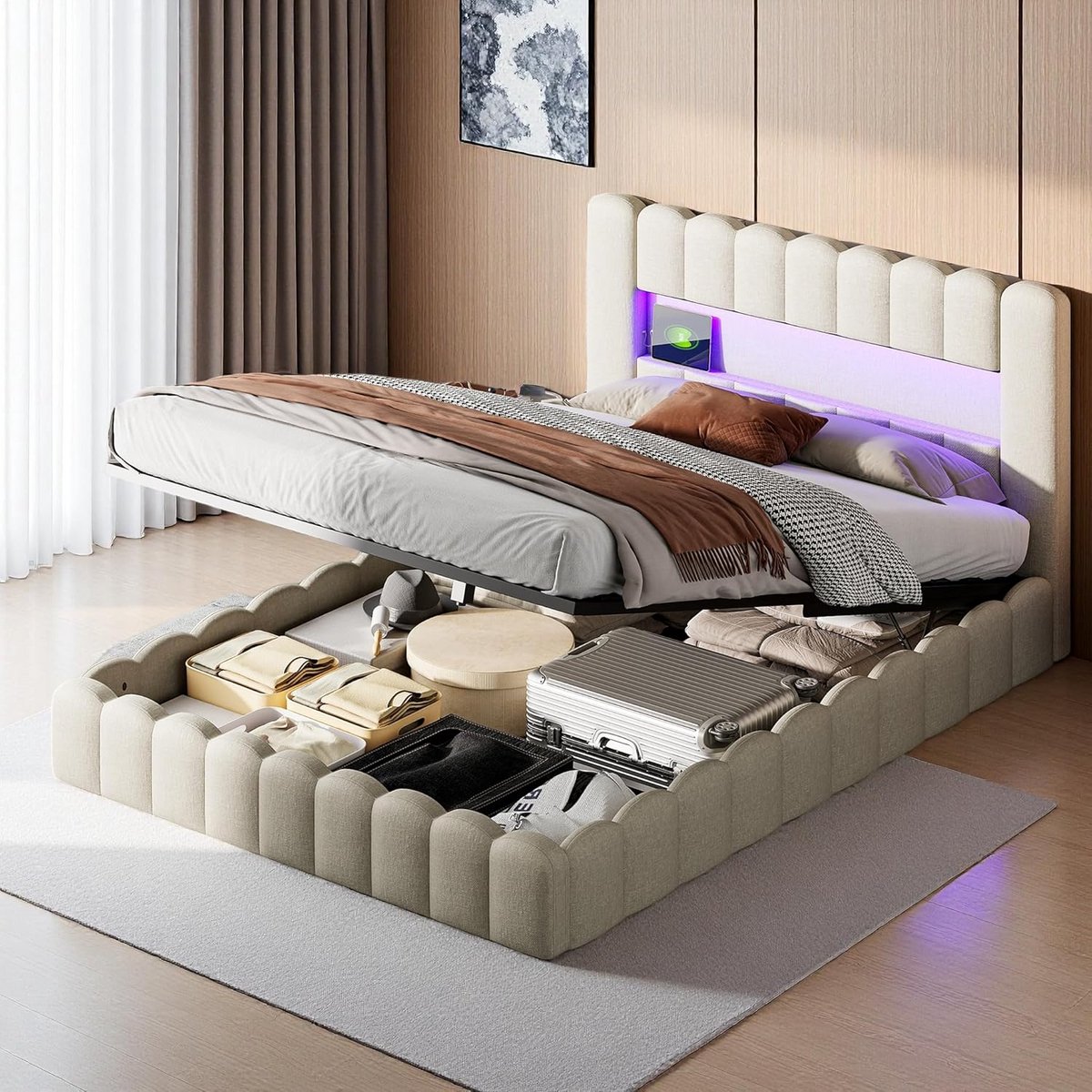 Gestoffeerd Tweepersoonsbed 180x200 cm met Opbergruimte, LED en USB