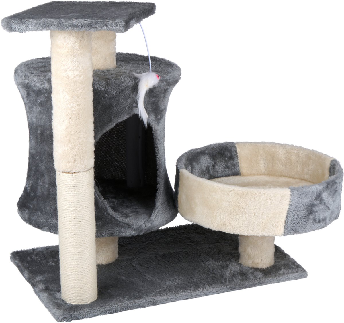 Pet Comfort Krabpaal - Kattenhuis voor Katten met Speeltje - Kattenkrabpaal met Mand - Kattenboom met Platform - Grijs/Beige - 50x33x58 cm