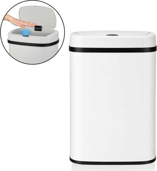 Witte, ovale prullenbak met sensor en zwarte randen. Lijntekening toont hand die deksel opent.